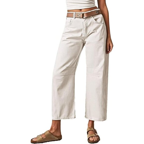 Women’s Mid Waist Crop Straight Leg Jeans Solid Stitch Casual Denim Pants